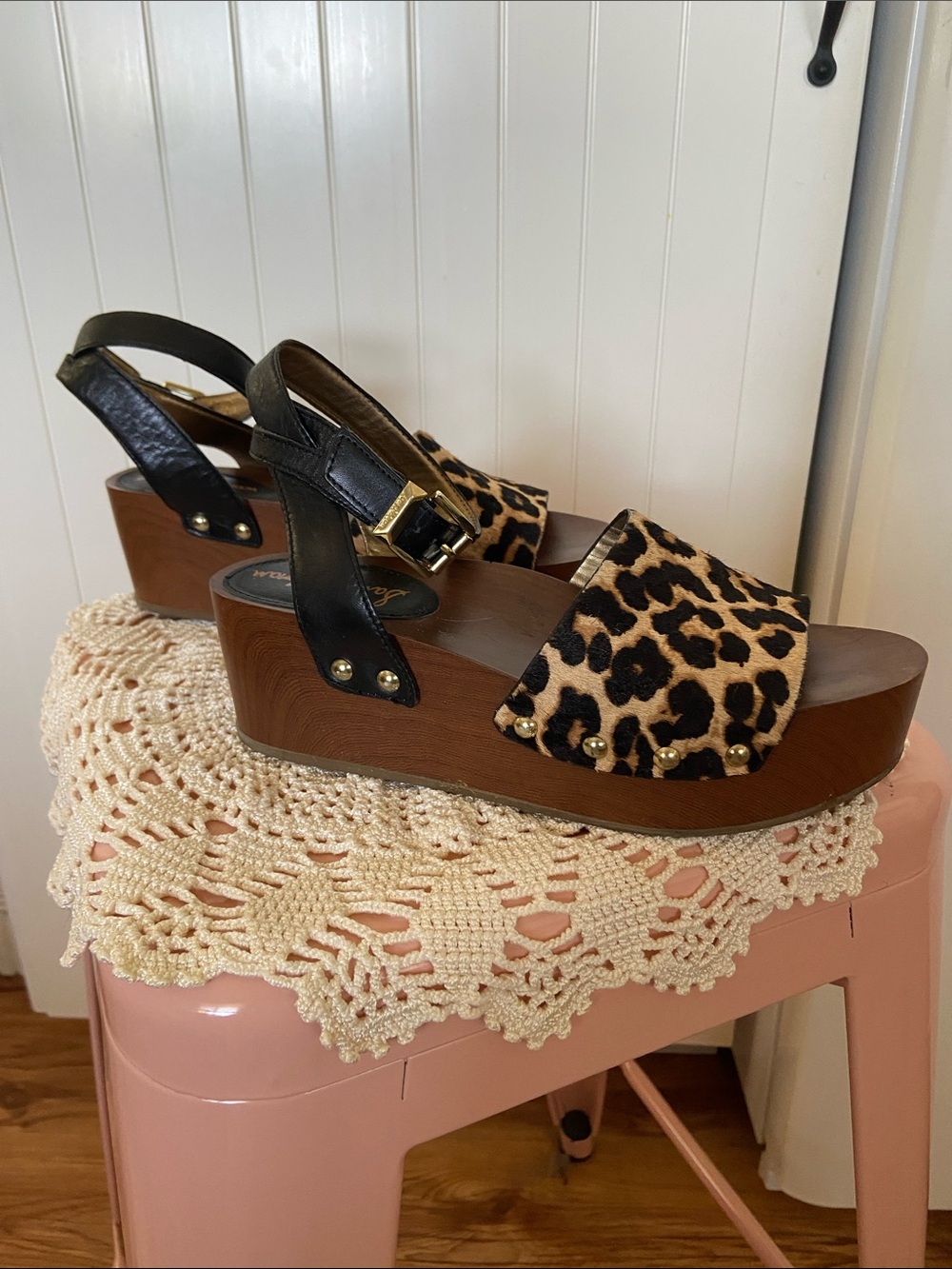 SAM EDELMAN platform ankle strap leopard print sandals 7